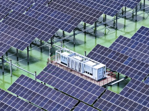 Aerial view of Sirajganj 68 MW Solar Park with photovoltaic panels on elevated structures above water and a central electrical substation in Sirajganj, Rajshahi Division, Bangladesh.
