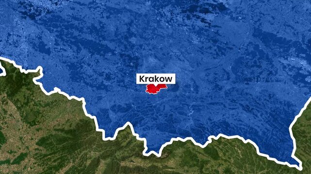 Animated map clip showing the Krakow location within Poland, satellite footage