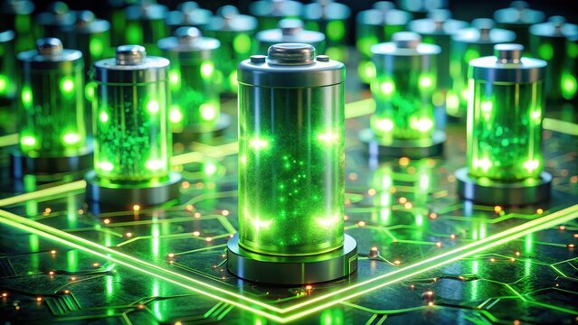Glowing green power neon futuristic energy storage high capacity rechargeable lithium ion battery
