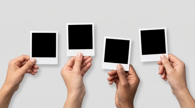 Realistic minimalist commercial stock photo showing four human hands holding four blank instant photo frames, arranged horizontally with slight variations in angle and height