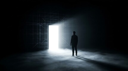 Fototapeta premium Silhouette man standing in front of bright glowing open door, dramatic light rays, dark room with smoke, concept of new beginning, opportunity or revelation.