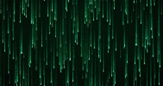 Falling green Han ideogram characters create a deep mainframe atmosphere in this 4K animation.
