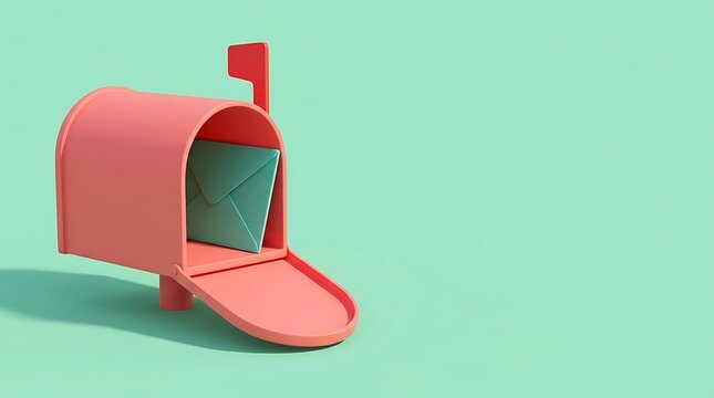 Bright pink retro mailbox with flag up delivering teal envelope against light green background.
