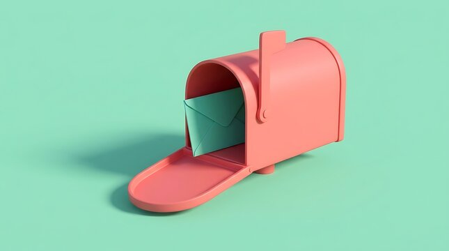 Pink retro mailbox with turquoise envelope inside and open flap on teal background, isolated object, communication symbol, postal delivery concept.