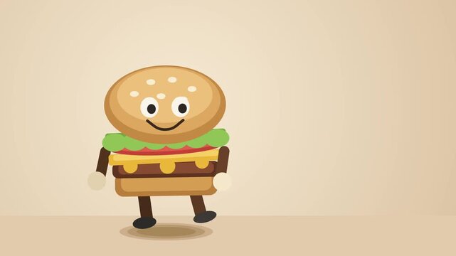 Cute burger character walking animation with a smile, simple food mascot motion graphic