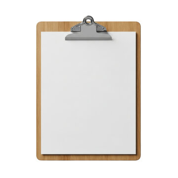 Wooden clipboard with white paper sheet isolated on transparent background for office and business documentation
