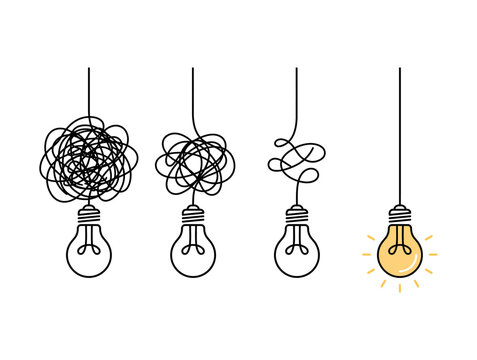 Light Bulb Problem Solving Process Illustration with Messy Scribble Line Art