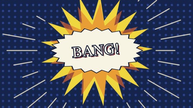 Motion graphic of a comic book "bang" explosion sound effect with pixel art style and dotted background