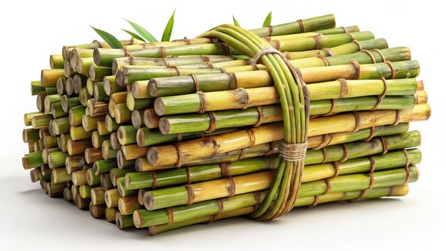 Bundle of sugarcane stalks tied on white background