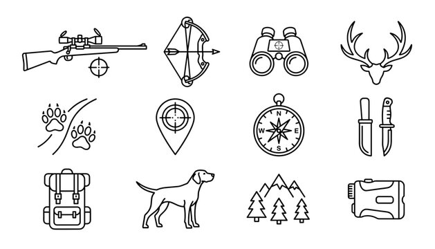 Deer Hunting and Outdoor Sport Line Icon Set Featuring Rifle, Compound Bow, Binoculars, Hunting Dog, Compass, and Track Symbols for Forest Exploration Designs