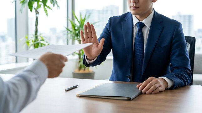 Man in blue suit denies receiving documents with hand gesture, sitting at office table, rejecting proposal or information during business meeting.
