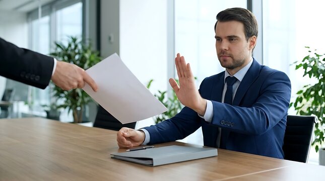 Businessman in dark blue suit signals stop with open palm refusing to take document offered by unseen person across table in office setting.