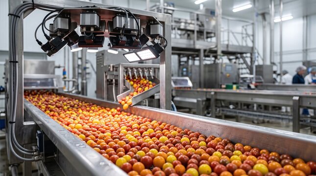 Automated optical sorting machine processing fresh cherry tomatoes on a factory conveyor belt