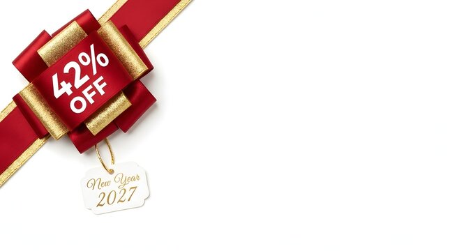 42 percent off sale tag with decorative red gold ribbon