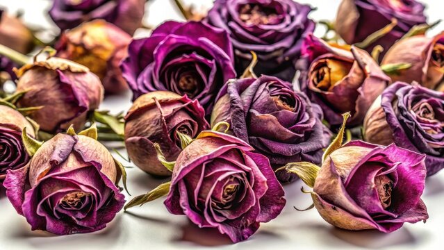 Purple dried roses on a white background