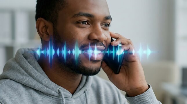young black man talking on phone experiencing audio visualization waves emanating from device representing sound or communication technology active.