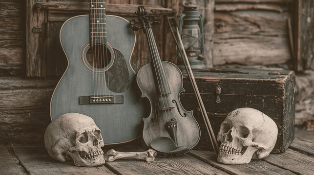 blue guitar , old violin and 2 skull is in the old wooden house , vitage color classical music mood image.