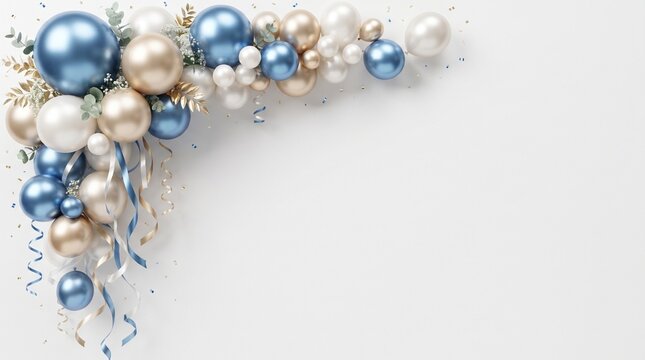 Elegant Festive Corner Decor with Shimmering Blue, Gold, and White Ornaments and Ribbons on a Clean Background, Ideal for Holiday Greetings and Celebration Designs
