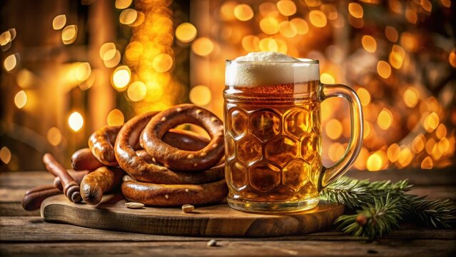 A closeup of a traditional german beer stein with some pretzels and sausages in a warm bokeh background