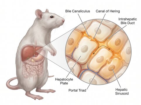 Medical Illustration of Rat Liver Anatomy and Biliary Microarchitecture Diagram