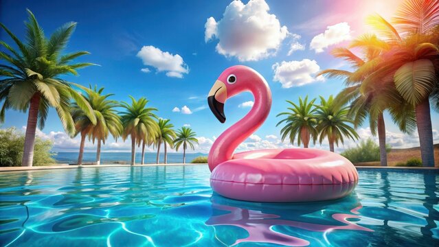 Trendy summer theme with a giant flamingo on a blue background for a pool float party space for copy text