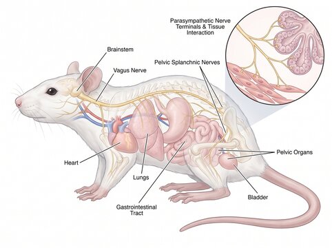 Anatomical Diagram of the Parasympathetic Nervous System in a Laboratory Rat with Organ Labels