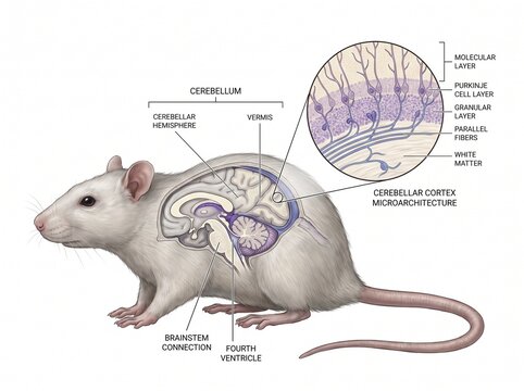 Rat Brain Anatomy Diagram with Detailed Cerebellar Microarchitecture Medical Illustration
