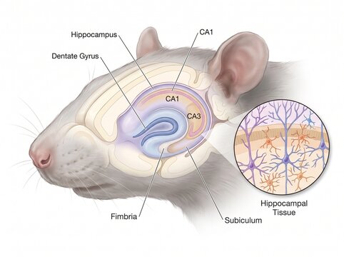Rat Hippocampal Brain Anatomy Diagram with Microscopic Neuron Tissue Illustration