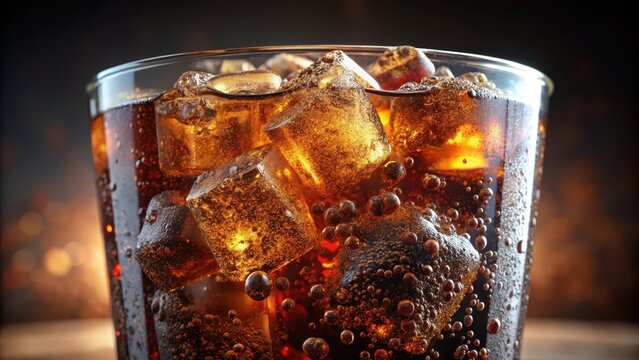 A large soda cup filled with ice and bubbly cola condensation on cup food gulp tasty popular big