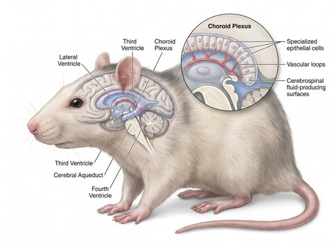 Scientific Illustration of the Rat Brain Ventricular System and Choroid Plexus Anatomy