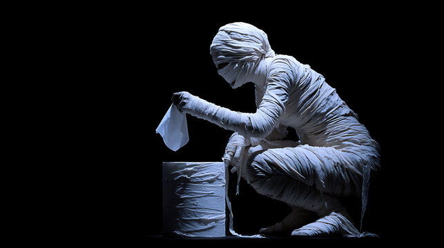 Scary mummy with glowing eyes, black background.