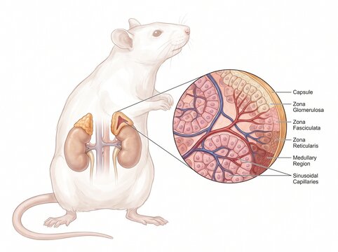Rat Anatomy Illustration of Adrenal Gland Microstructure and Kidney Location