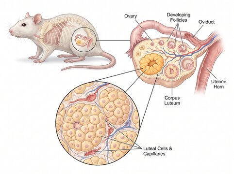 Rat Ovarian Anatomy Diagram, Biomedical Illustration of Female Rat Reproductive System with Microscopic Detail