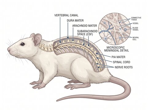 Rat Spinal Cord and Meninges Anatomical Diagram with Microscopic Detail Illustration