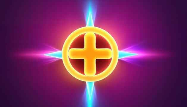 Neon glowing plus symbol with radiant light beams