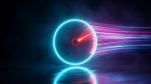 Speedometer with glowing neon blue and pink light trails indicating fast data transfer or high performance on dark background with reflections.