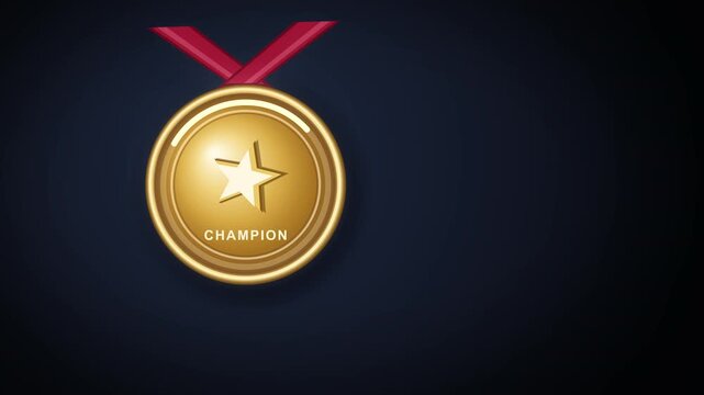 Golden champion medal with red ribbon animation, award icon, first place trophy, success, achievement, victory, sports award, symbol