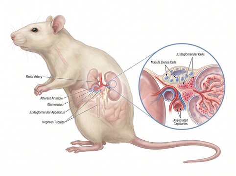 Rat Kidney Anatomy and Juxtaglomerular Apparatus System Medical Illustration