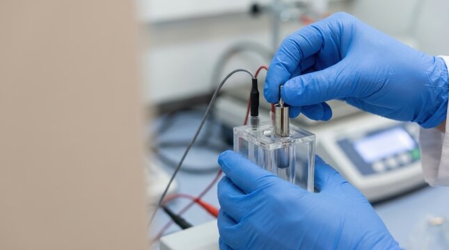 Hands in blue glove holding electrode testing chemical liquid inside transparent laboratory apparatus with scientific equipment in background