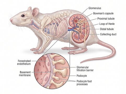Anatomical Illustration of Rat Kidney Structure and Glomerular Filtration Barrier