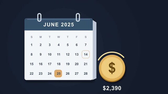 Calendar icon with money sign and changing value, financial planning animation