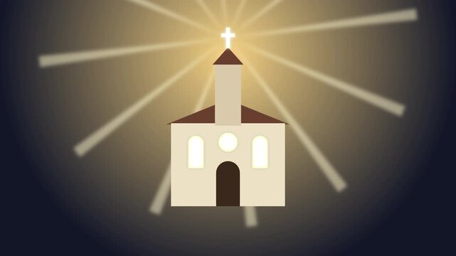 Animated church icon radiating light, religious symbol motion graphic, worship and faith concept