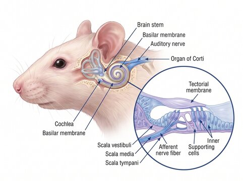 Detailed Medical Illustration of Rat Cochlea Anatomy and Inner Ear Auditory System