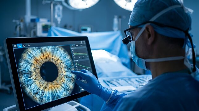 Ophthalmologist examining detailed human eye on futuristic medical monitor with digital analysis in operating room during surgery.