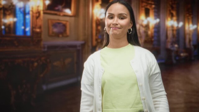 Woman gives thumbs down gesture inside ornate building gallery, wearing white cardigan and cropped top while smirking; dissatisfaction critique.