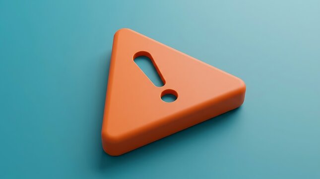 Orange triangular warning sign with exclamation mark symbol on teal background, caution and alert symbol for important information and danger.