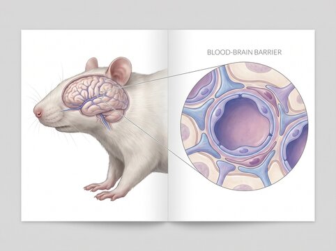 Scientific Illustration of Rat Brain Anatomy and Microscopic Blood-Brain Barrier View