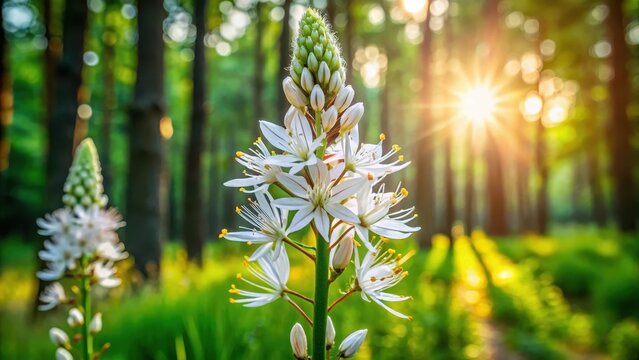 White asphodel wild flower on green forest background asphodelus albus