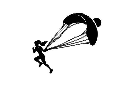 Dynamic female runner pulling parachute canopy with sunset accent, minimalist black silhouette for adventure sport and freedom concepts