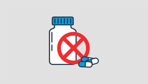 Medical warning icon depicting a medicine pill bottle crossed out with a red prohibit symbol and capsules beside.
